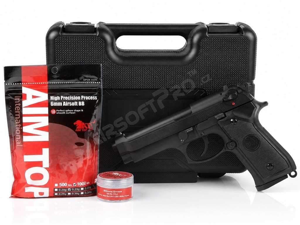 Airsoft pisztoly Elite M92 GBB, teljes fém, szállítási tokkal + 500BBs + zsír - Fekete - Image 1